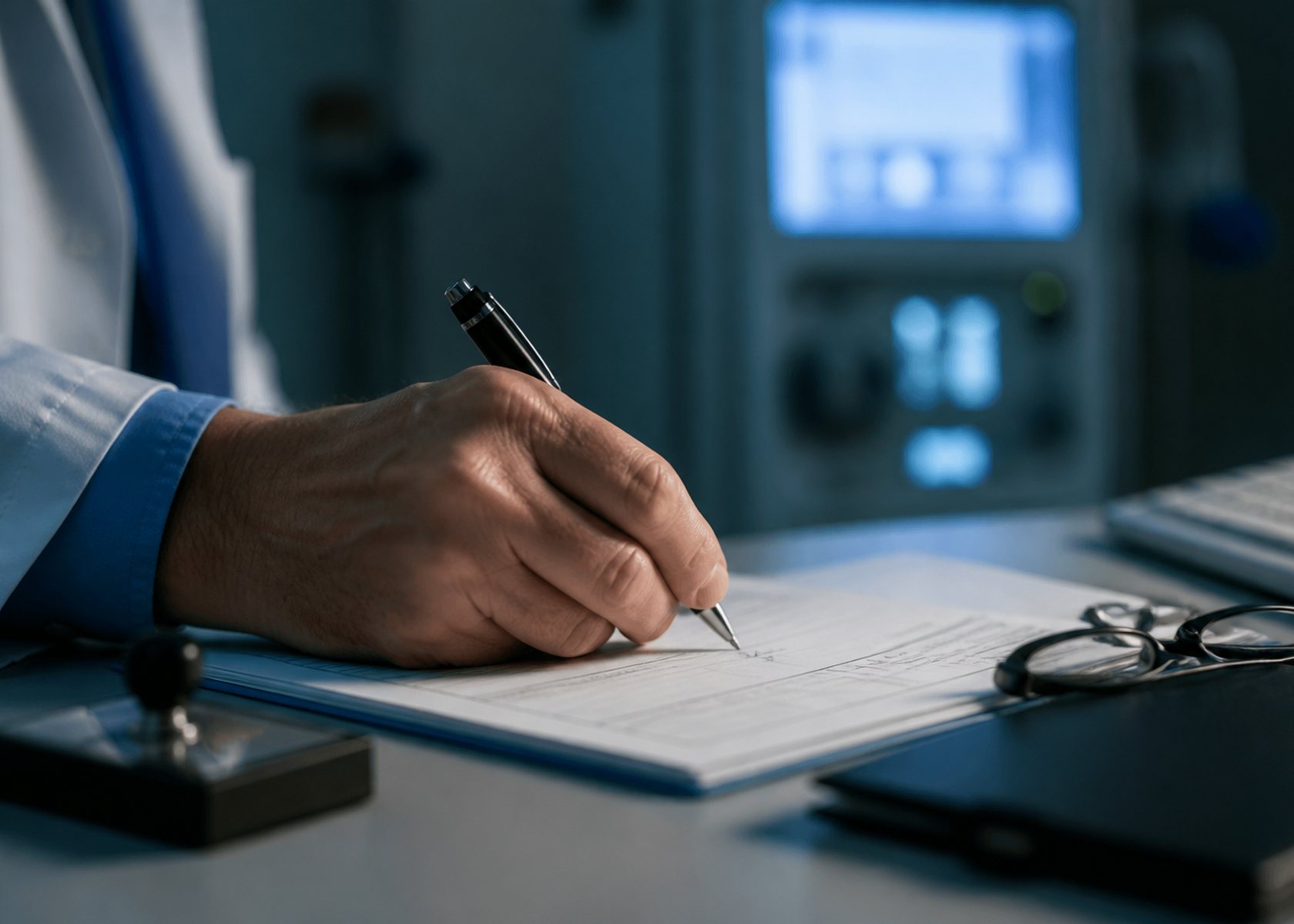 Mano de un nefrólogo firmando la orden de diálisis de un paciente